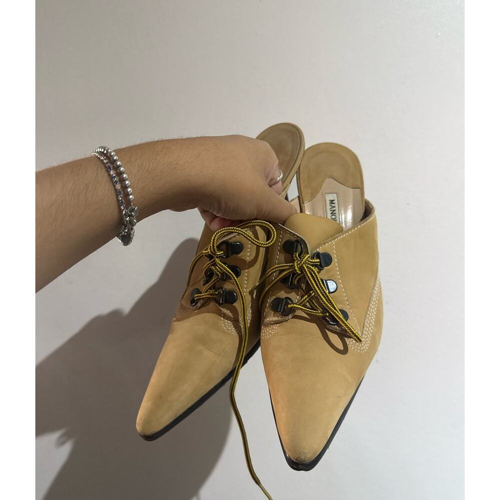 Manolo Blahnik y2k Oklamod Tan Nubuck Timberland Lace Up Mule Heels 38 - Picture 4 of 11